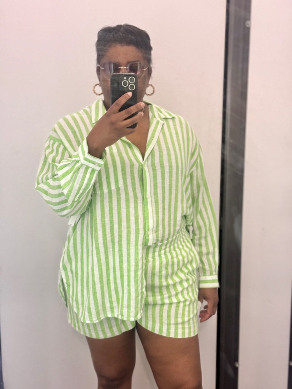Old Navy Linen Blend Green & White Striped Women's matching Set